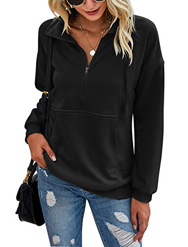 PRETTYGARDEN Women's Casual Long Sleeve Sweatshirt Half Zip Pullover Tops - color: Black, size: X-Large