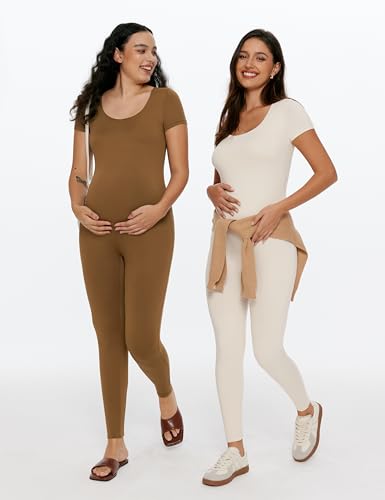 POSHDIVAH Maternity Jumpsuit Romper Leggings Short Sleeve - color: Brown, size: Large