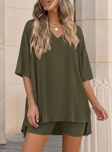 PRETTYGARDEN Womens 2 Piece Outfit Lounge Short Sets - color: Army Green, size: Medium