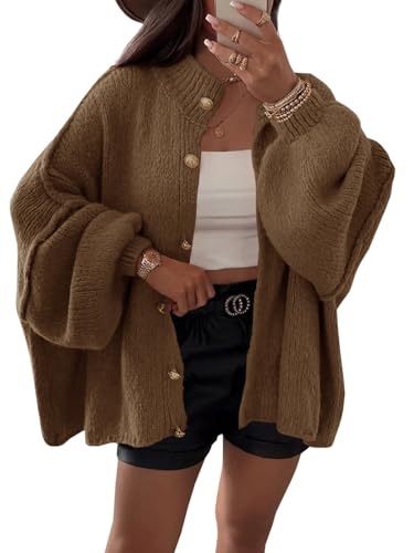 Saodimallsu Womens Oversized Cardigans Long Lantern Sleeve Button Down Chunky Knit Loose Fall Sweater Coats - color: Coffee, size: Small