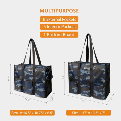 TOPDesign Utility Water Resistant Tote Bag with 13 Pockets, Zipper Closure - color: Blue Camouflage, size: Large