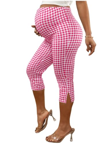 MakeMeChic Women's Maternity Capri Pants Plaid High Waist Workout Leggings - color: Red and White, size: Medium