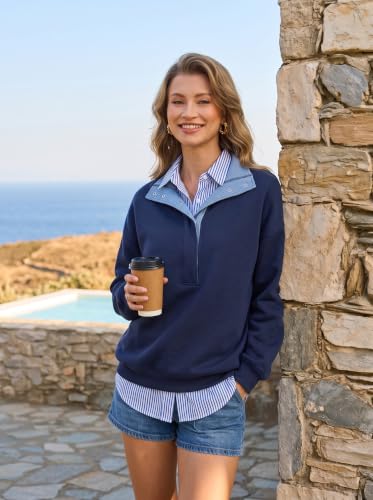 BLENCOT Women Mock Neck Sweatshirt Oversized Long Sleeve Henley Shirts - color: Dirty Blue, size: XX-Large