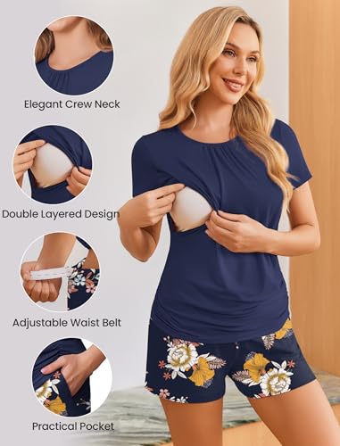 Ekouaer Maternity Nursing Pajamas Set 3 Piece Postpartum Breastfeeding Pjs - color: Floral Navy Blue, size: Medium