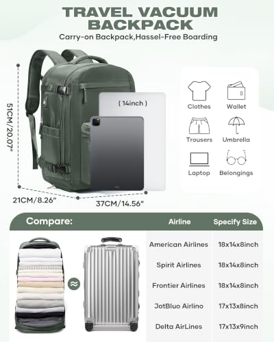 suradar Vacuum Backpack Travel with Pump,Travel Backpack with One Button Vacuum System Vacpack Sealed Compression Airbag Women Carry on Flight Approved Laptop Backpack Space Saver Bags Dark Green - color: B1-dark Green