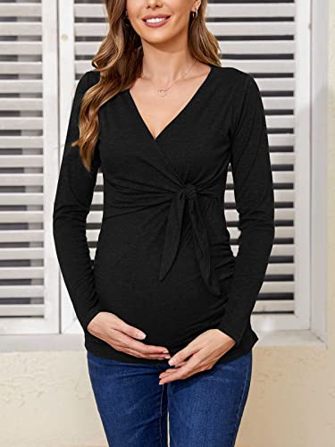 Glampunch Maternity Shirts Short & Long Sleeve Wrap Maternity Tops - color: 03-black, size: Small