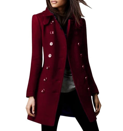chouyatou Women's Winter Double Breasted Wool Coat Elegant Collared Wool Blend Trench Pea Coat - color: Wine Red, size: X-Large