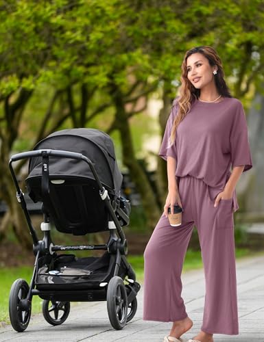 Maternity Lounge Set, 2 Piece Matching Set with Wide Leg Pants - color: Purple, size: Medium