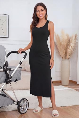OUGES Womens 2026 Summer Maternity Nursing Dress Split Midi Sleeveless Breastfeeding Dress Scoop Neck Pregnancy Clothes - color: Black, size: Large