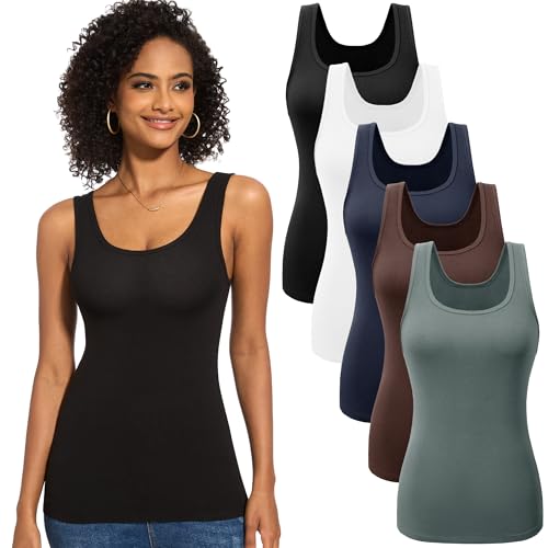TVKSOM 5 Pack Basic Ribbed Tank Tops for Women Layering Undershirts - color: 5pack Olive Green,coffee,navy,white,black, size: Medium