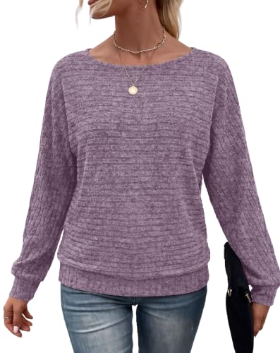 Sampeel Long Sleeve Shirts for Women Crewneck Tunic Tops Oversized Sweaters - color: Purple, size: Small