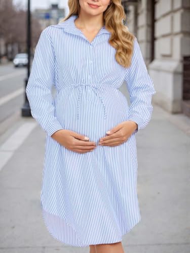 Striped Maternity Dress Casual Summer Pregnancy Dress Bump - color: Blue, size: Large