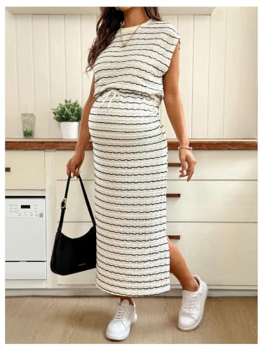 SHENHE Women's Maternity Striped Drawstring Tie Waist Slit Maxi Dresses - size: Small