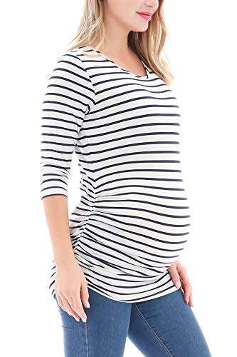 Smallshow Women's Maternity Tunic Shirts 3/4 Sleeve Ruched Pregnancy Tops - color: White Stripe-army Green-wine(3 Pack), size: Large