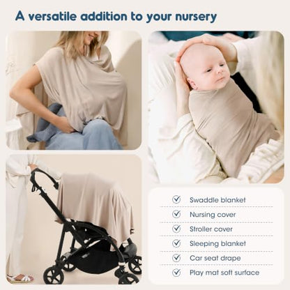 GRSSDER 3-Pack Ultra Soft Stretchy Jersey Knit Baby Swaddle Blankets, 33x44 - color: Bloom Bun & Gingham Check & Beige