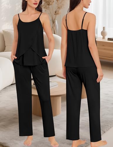 SWOMOG Maternity Pajamas Set 3 PCS Nusing Pajamas Labor and Delivery Gown & Camisole & Pants Postpartum Pjs - color: Black, size: Small
