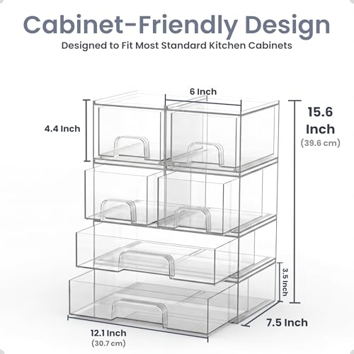 6-Pack Stackable Storage Drawers with Labels - Clear PET Pull-Out Organizer Bins for Pantry, Bathroom, Vanity, Cabinet, Countertop | Baby Bottle Organizer