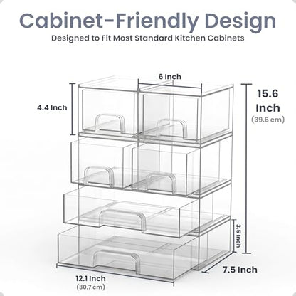 6-Pack Stackable Storage Drawers with Labels - Clear PET Pull-Out Organizer Bins for Pantry, Bathroom, Vanity, Cabinet, Countertop | Baby Bottle Organizer