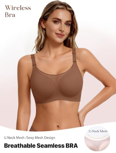 Avidlove Wireless Bras for Women Seamless Full Coverage Bra Mesh Comfy Bralette Tshirt Everyday Bras - color: Coffe, size: Large
