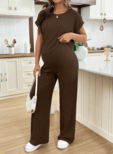 BLENCOT Maternity Sets Summer Ribbed Knit Pajamas Outfits - color: Coffee, size: Medium