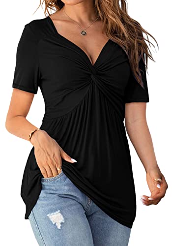 Tankaneo Womens Front Knotted V-Neck Blouse T Shirt Short Sleeve Oversized Tunic Tops Summer Solid Pullover Tees - color: B01-black, size: Large