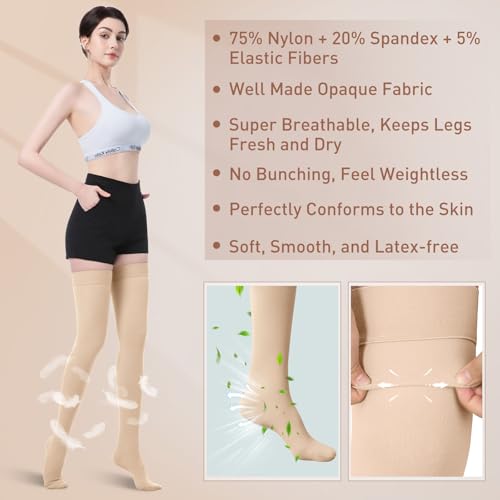 Medical Compression Stockings, 20-30 mmHg Thigh High Support Socks - color: Beige, size: Medium