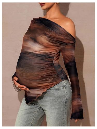 RoseSeek Women's Maternity Off The Shoulder Asymmetrical Tops Mesh Shirts - color: Brown, size: Large