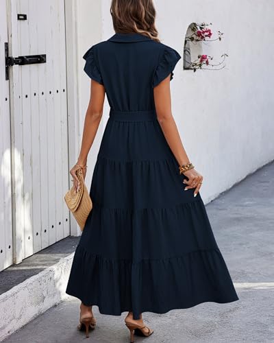 dowerme Women Ruffle Sleeve Button Belted Boho Maxi Dress - color: Navy, size: X-Large