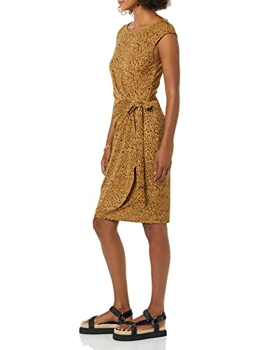Amazon Essentials Women's Cap Sleeve Boat-Neck Faux Wrap Pleated Matte Jersey Dress - color: Dark Camel, Leopard, size: X-Small