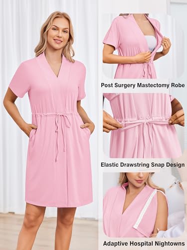 Deyeek Women's Post Surgery Mastectomy Robe with 4 Internal Drain Pockets Short Sleeve Adaptive Nightgowns Pajama Dress Shirt - color: Pink, size: Medium