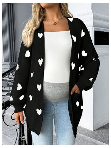 MakeMeChic Women's Maternity Heart Sweater Cardigan Fall Winter Clothes - color: Black and White, size: Small