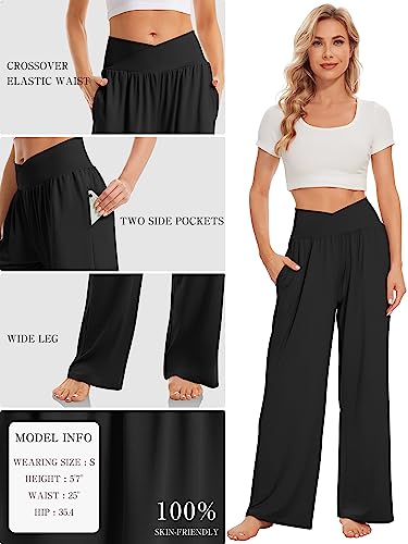 TARSE Womens Wide Leg Casual Loose Pants Yoga Sweatpants - color: Black, size: Medium