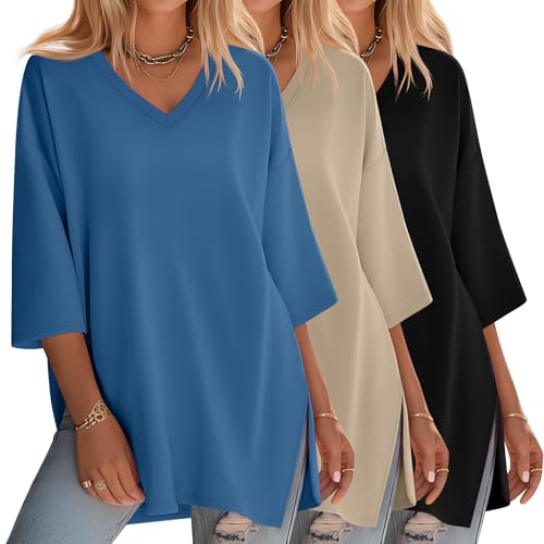 Huukeay 3 Pack Womens 3/4 Sleeve Oversized Tops - color: Black, Gray Khaki, Haze Blue, size: Small