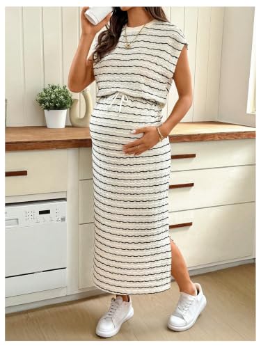 SHENHE Women's Maternity Striped Drawstring Tie Waist Slit Maxi Dresses - size: XX-Large