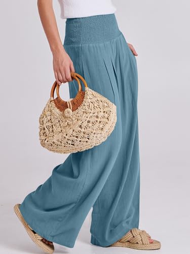 ANRABESS Women Linen Palazzo Wide Leg Pants with Pockets - color: Lake, size: Small