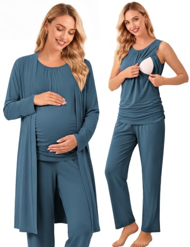 Women 3PCS Maternity Robe Sets Nursing Pajamas Postpartum Breastfeeding Pjs - color: Dark Blue, size: Medium