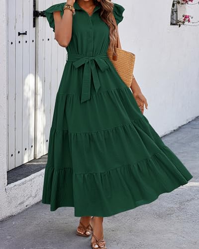 dowerme Women Ruffle Sleeve Button Belted Boho Maxi Dress - color: Dark Green, size: Small