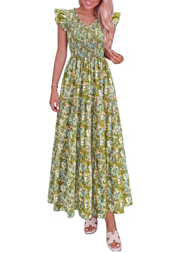 PRETTYGARDEN Women's Smocked Boho Floral Maxi Dress - color: Army Green, size: Medium