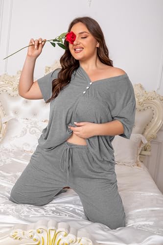 Vozanet Women's Plus Size Pajama Sets V Neck Pants Sets Solid Color Button Sleepwear Soft Loungewear Nighty with Pockets - color: Light Gray, size: 3X-Large