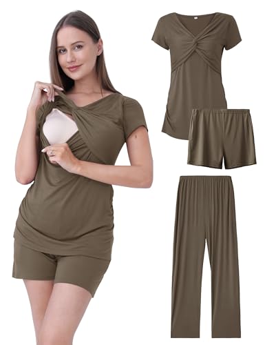 3-Piece Maternity Nursing Pajamas Set for Pregnancy & Postpartum - color: Mocha Brown, size: X-Large