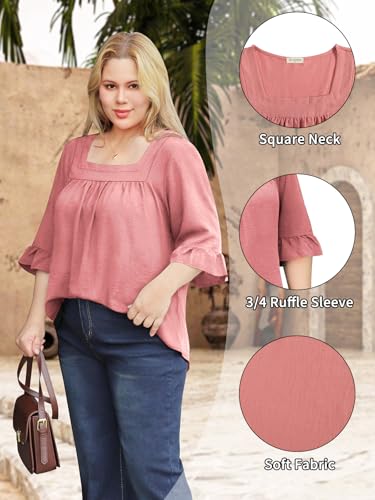 Bulotus Womens Plus Size Tops Square Neck Blouse Boho Top Chiffon 3/4 Sleeve Ruffle Shirt Cute Tunic 2026 Spring Summer - color: Light Pink, size: 3X-Large Plus