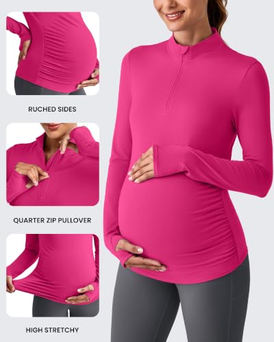 G4Free Lightbreeze Maternity Shirts Long Sleeve Quarter Zip Pregnancy Top - color: Hot Pink, size: Medium
