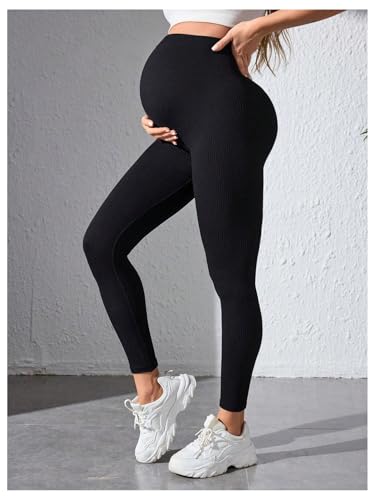 OYOANGLE Maternity High Waisted Ribbed Leggings Over The Belly Yoga Pants - size: Large