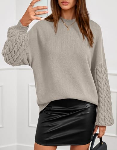 PRETTYGARDEN Womens Fall Sweaters 2025 Cable Knit Long Sleeve Crewneck Casual Chunky Pullover Oversized Sweater Outfits - color: Grey Apricot, size: Medium