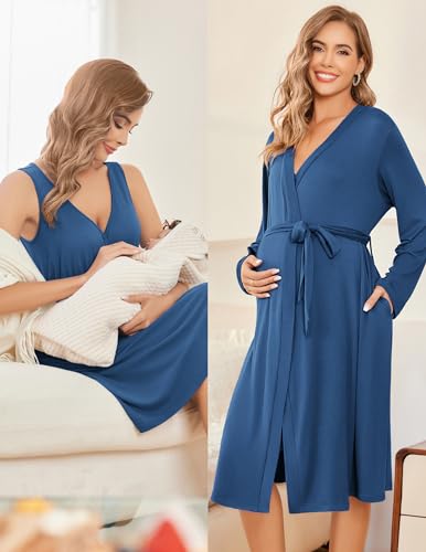 Ekouaer Maternity Nursing Gown and Robe Set Labor Delivery Nightgowns - color: Blue, size: Large