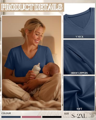 3 Pack Women's Nursing Tops Breastfeeding Shirts - color: Black, Dark Pink, Dark Blue, size: Medium