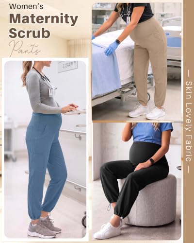 Locoowai 3 Pack Women's Maternity Jogger Scrub Pants with Pocket - color: Black, Haze Blue, Khaki, size: X-Large