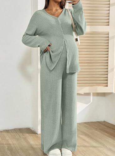 BLENCOT Maternity Lounge Set 2 Piece Long Sleeve Top and Pants with Pockets - color: Light Green, size: Medium