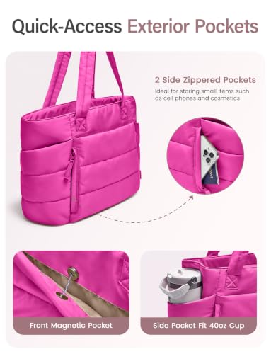 Uselike Tote Bag for Women with Zipper, Quilted Puffer Tote Bag with Compartments, Lightweight Puffy Work Bags for Women - color: Raspberry Pink
