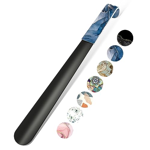 16.5 Inch Long Handle Shoe Horn for Seniors Men Women Kids, Metal Shoe Horns for Boots - color: Blue Marble